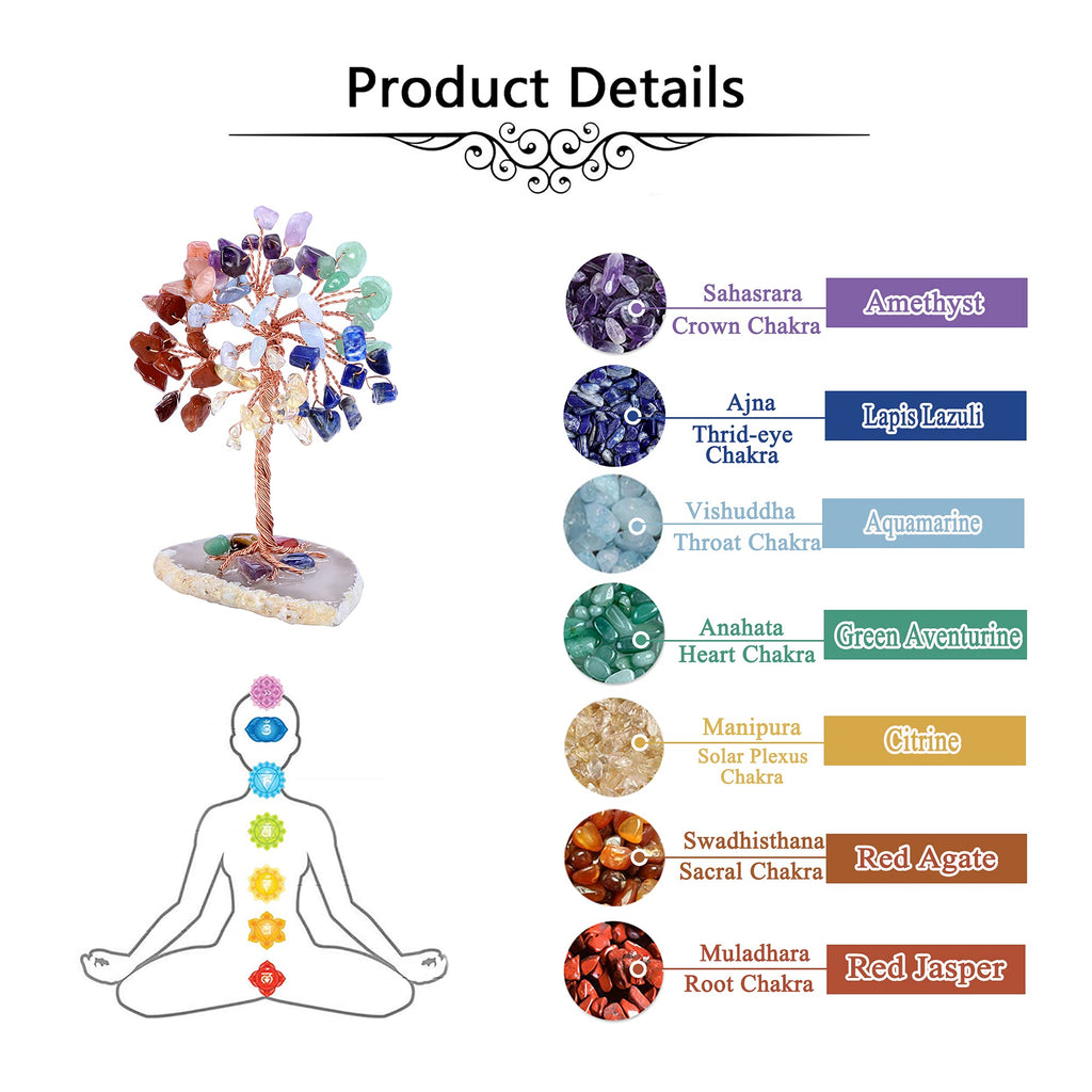 Jovivi Natural 7 Chakra Healing Crystals Tree on Agate Slice Base Healing Stones Gem Money Tree for Feng Shui Home Office Table Decorations