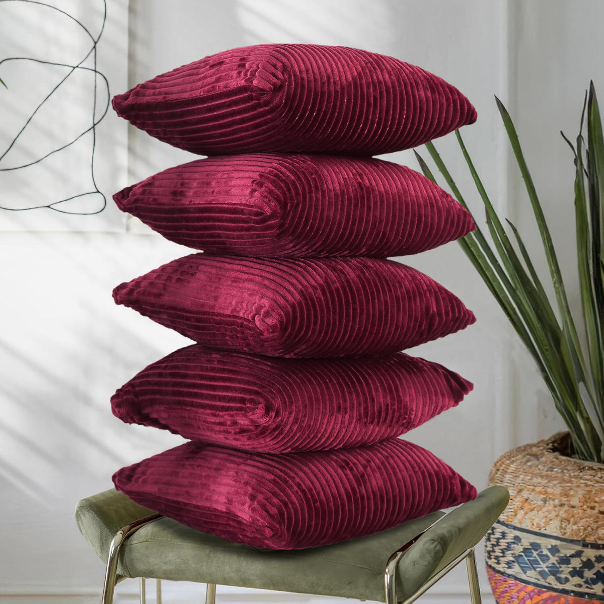 RD TREND® Cushion Cover Set of 5, Decorative Sofa Living Room Home Square Cushion Covers 24 Inch x 24 Inch, Aesthetic Corduroy Striped Double Sided (Marron,Pack of 5)