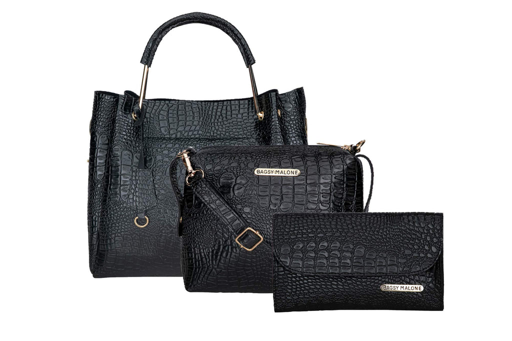 Bagsy Malone Women's Vegan Leather Stylish Tote Bag Pack of 3 | Ladies Purse Handbag (Croco Black)