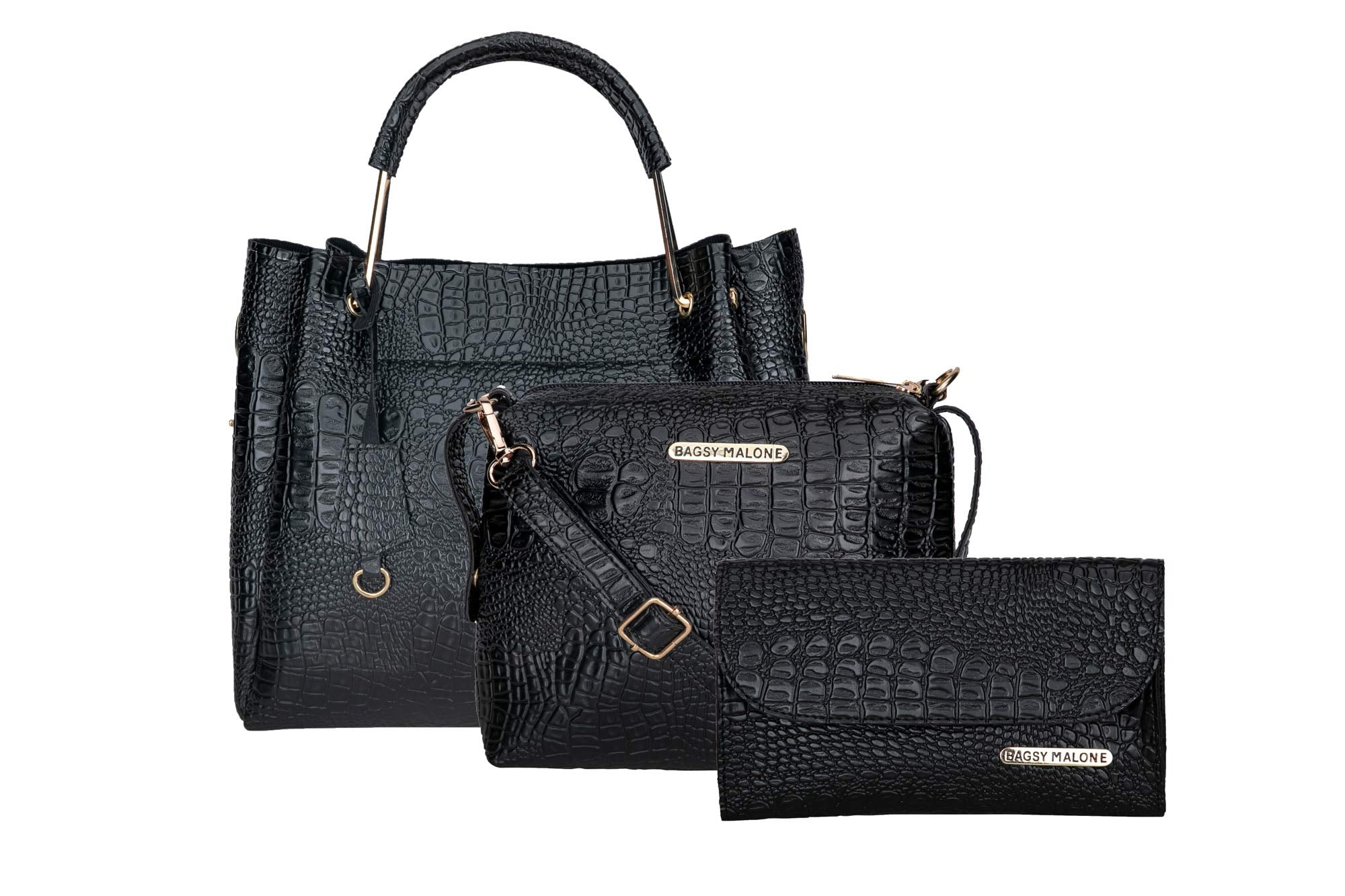 Bagsy Malone Women's Vegan Leather Stylish Tote Bag Pack of 3 | Ladies Purse Handbag (Croco Black)