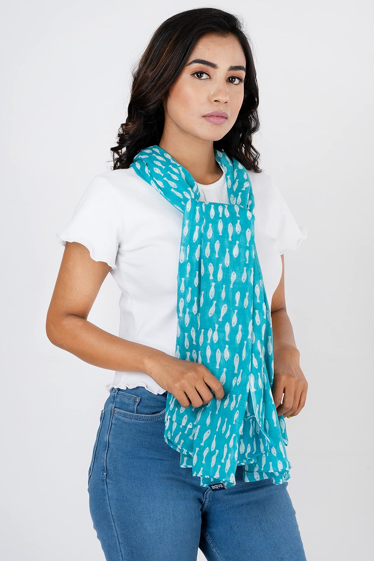 AQVA Printed Cotton Scarf for Women Stylish (Fishy Aqua) | Head and Face Cover Scarf for Girls with 100% Cotton | Soft & Lightweight Scarves/Stoles for all Weather (72 x 43 in)