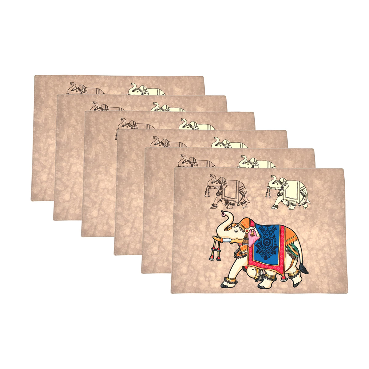 PRAKARTIK BY INDUARTS Dining Table Mats Set of 6 - Elephant Ethnic Theme,Digital Print, Washable, Indoor/Outdoor, Heat-Proof, Water Resistant, Wipe & Clean (47X33 cm) Cream Kafalo