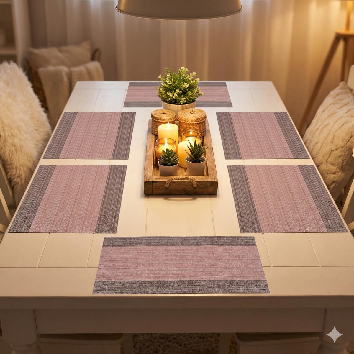 YELONA Placemats Set of 4, Heat-Resistant Woven Vinyl Table Mats, Non-Slip & Washable Dining Tablemats for Kitchen & Dinner Decor, Peach & Brown (45cm x 30cm) Kafalo
