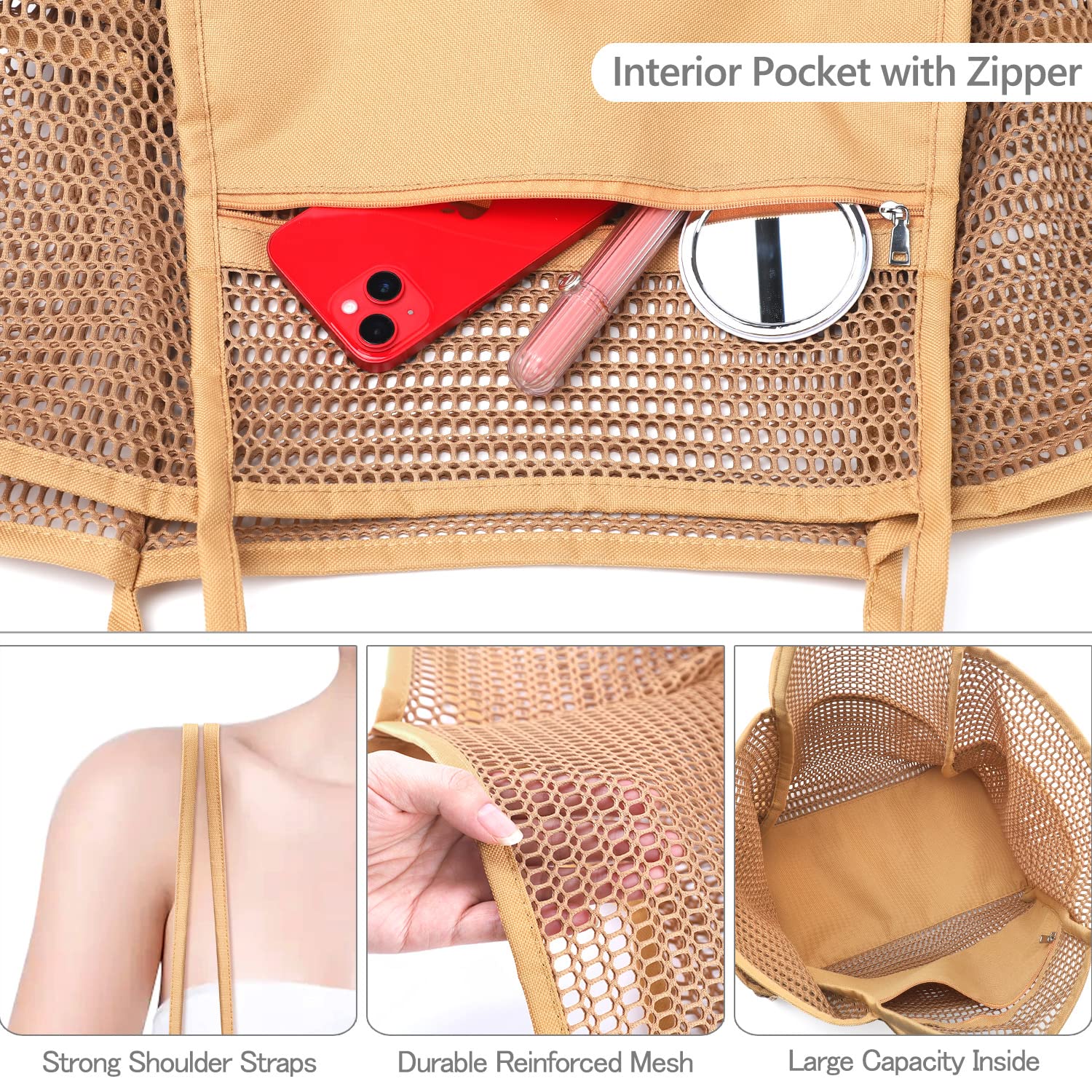 Ayieyill Mesh Beach Bag Tote Bag for Women, Foldable Swim Large Beach Tote Bag with Zipper Pockets Waterproof Sandproof, Khaki, Large, Mesh