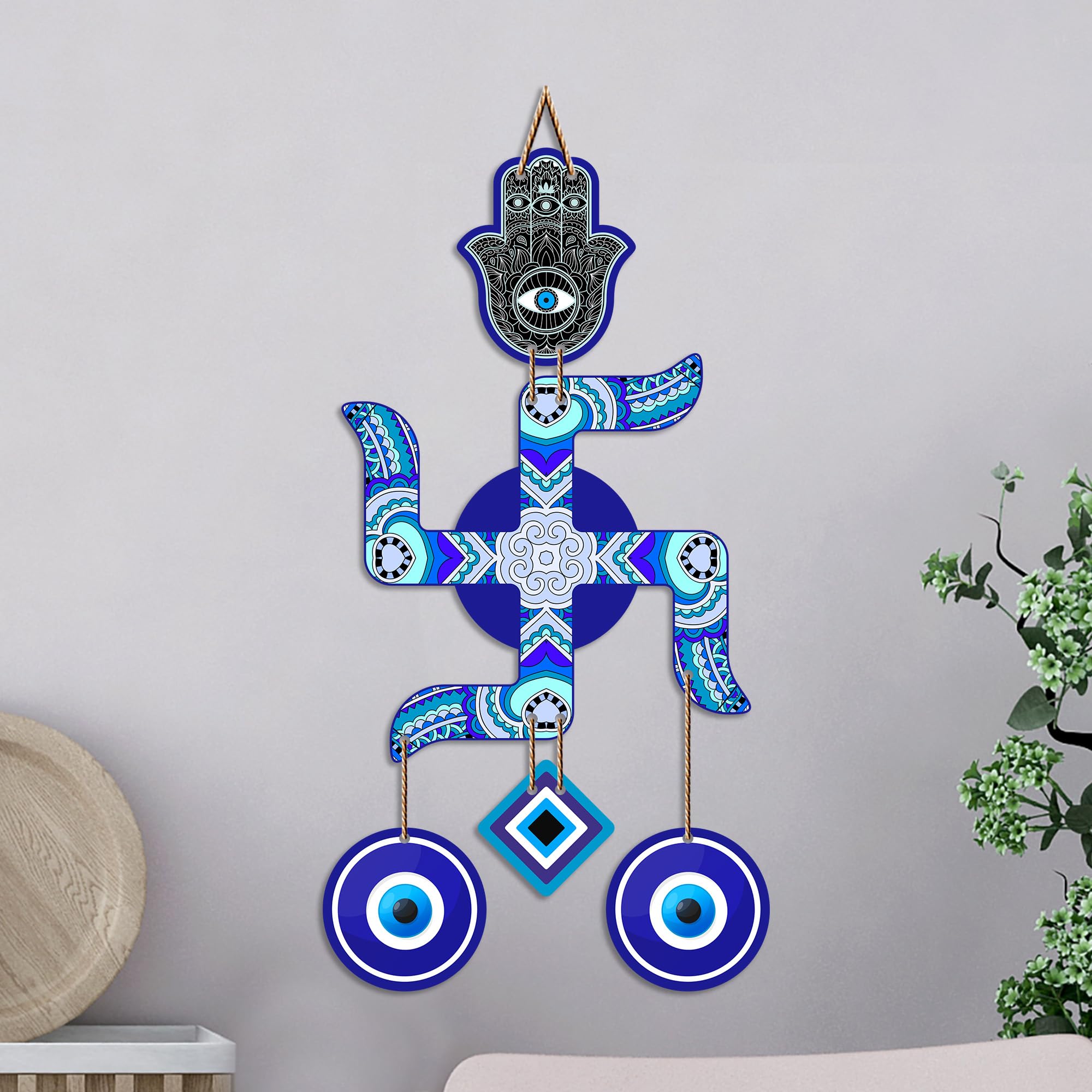Artvibes Artistic Swastik Wall Hanging with Evil Eye Charms | Decorative Wooden Vastu Ornament for Home Entrance | Spiritual Decor for Prosperity | Harmony and Protection | Wall Art Gift (WH_85107N)