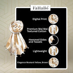 FAHABO Scarf Woman Floral Print Premium Mal Mal Textured Cotton Scarves with Tassels | Hijab Scarf | Headscarf | Neck Scarf | Stoles | Wraps | Size 71 L x 33 W (Elegance Mustard Yellow, Brown)