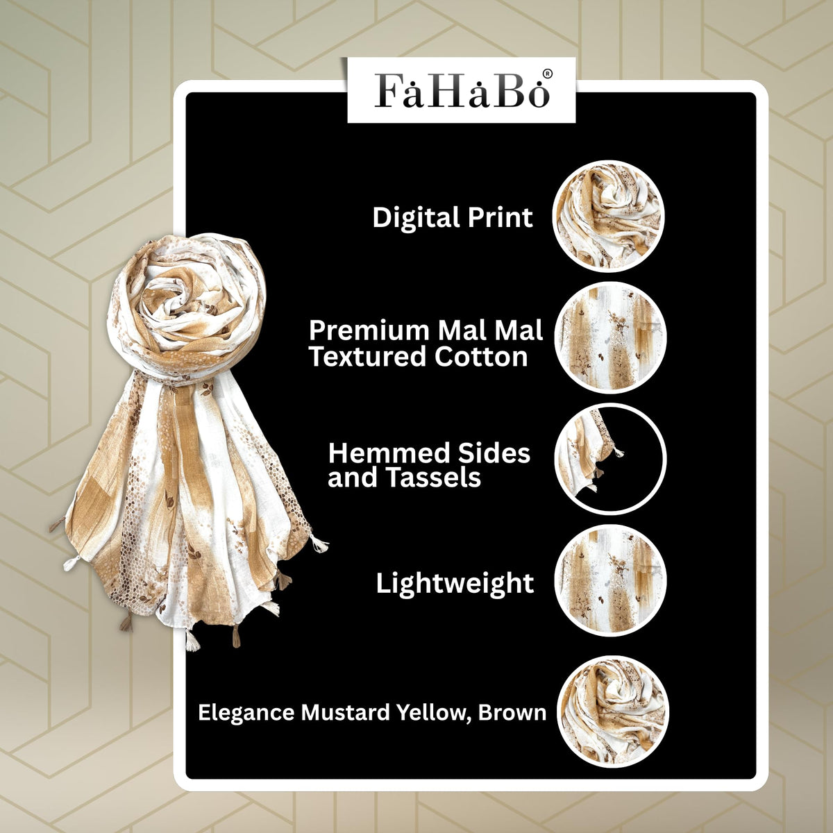 FAHABO Scarf Woman Floral Print Premium Mal Mal Textured Cotton Scarves with Tassels | Hijab Scarf | Headscarf | Neck Scarf | Stoles | Wraps | Size 71 L x 33 W (Elegance Mustard Yellow, Brown)