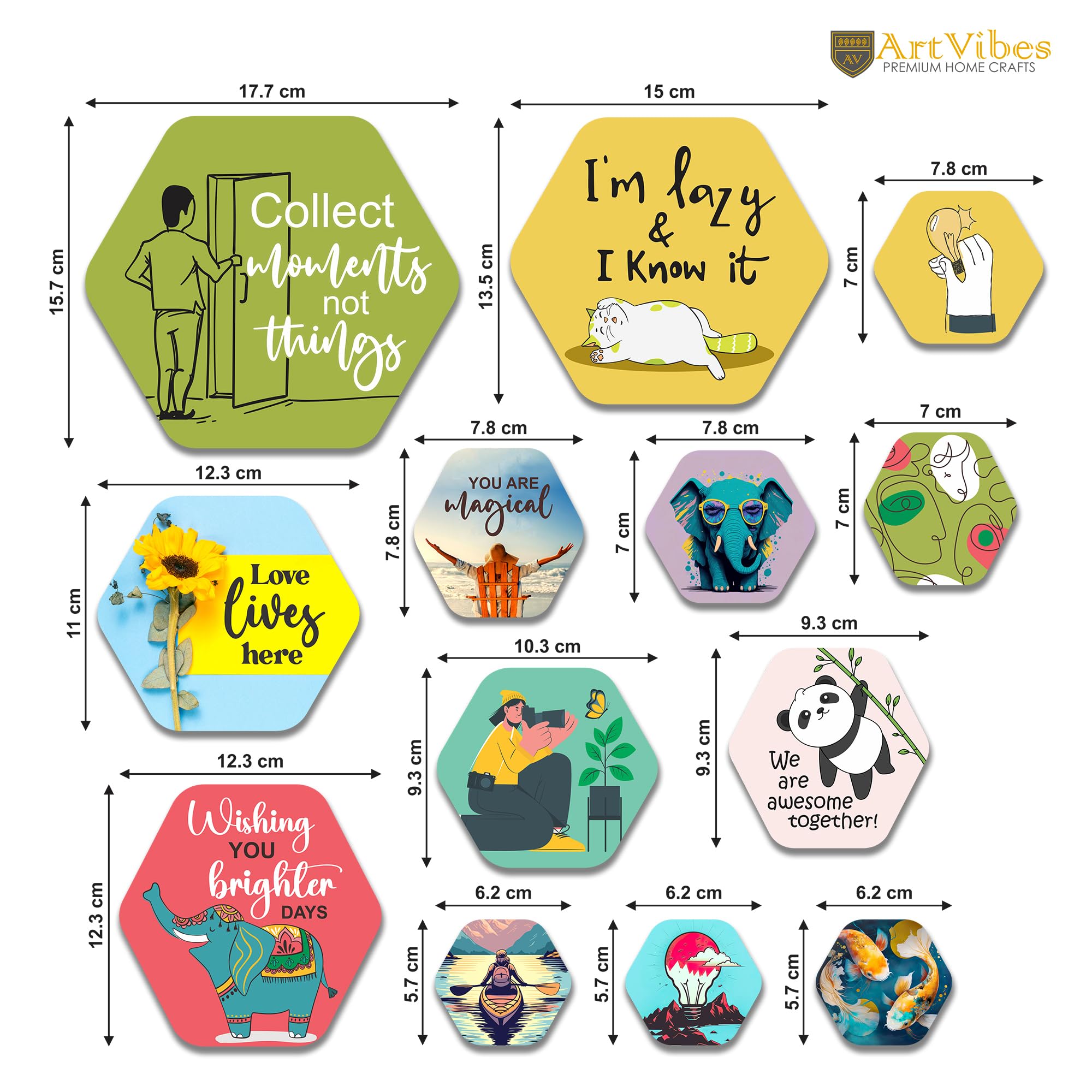 Artvibes Collect Moments Not Things Decorative Hexagon Shape MDF Wooden Wall Hanging | Quotes Decor Item | Wall Accent | Office Decor | Mdf Wall Decoration | Gift Items (WPS_206NN), Set of 13