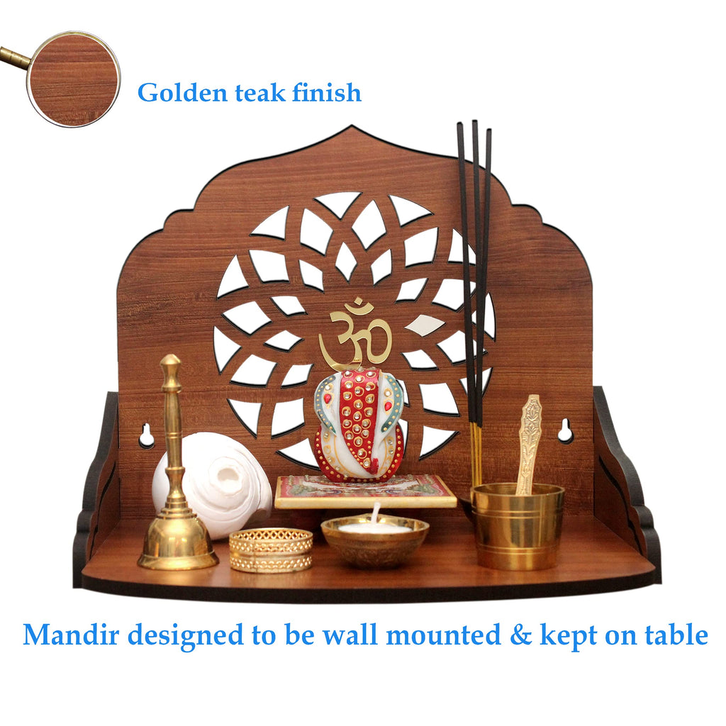 Cosmic String Enterprise LLP Mandala Design Wall Mounted Glossy Wooden Home Temple (Height- 9.92, Length- 12 , Width-8.85 Inch, Golden Teak)