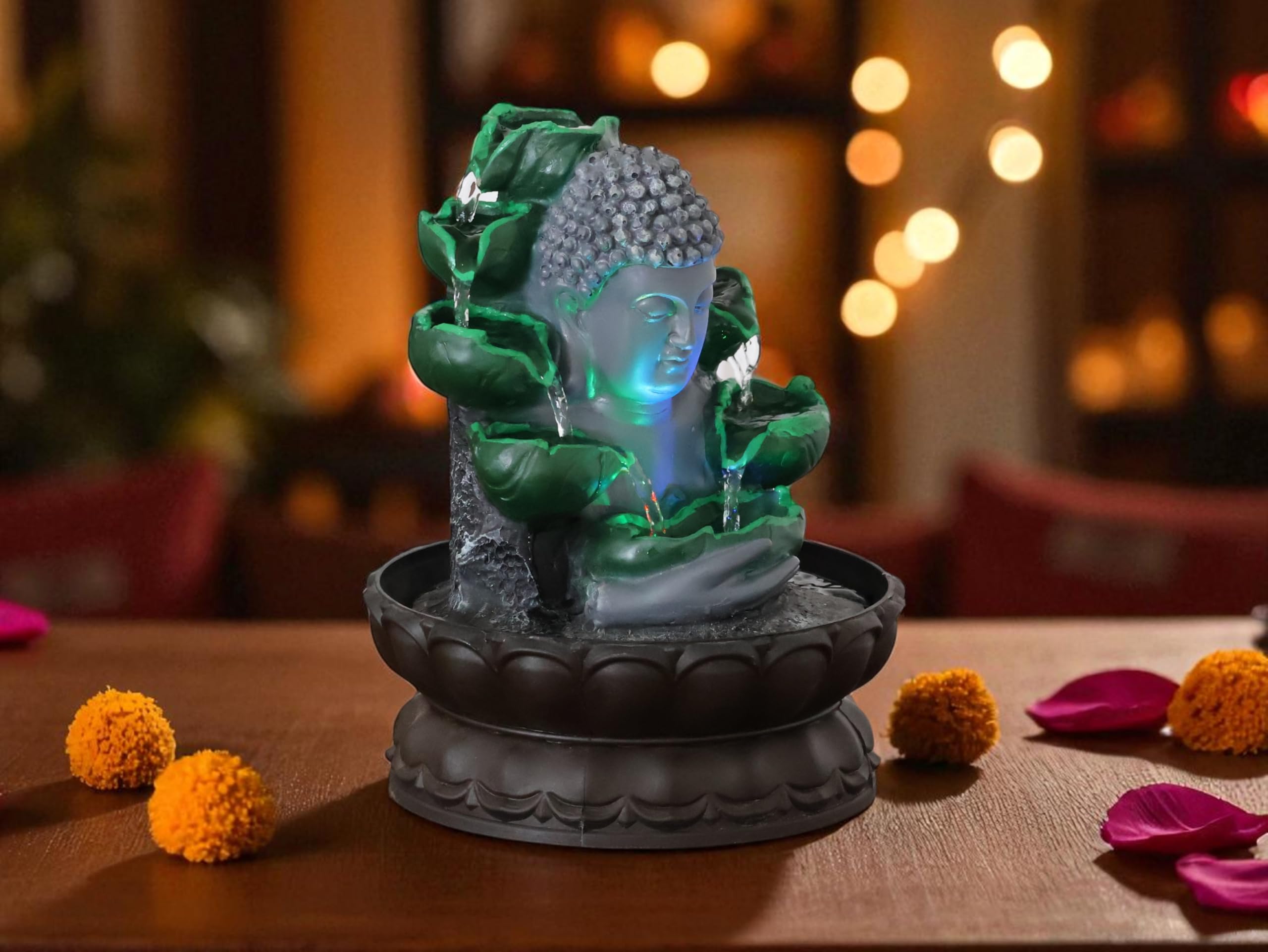 KridayKraft Buddha Face Water Fountain Idol Polyresin Lotus Water Fountain Showpiece for Home Garden Living Room Decor Decoration Gift Items, 24 CM