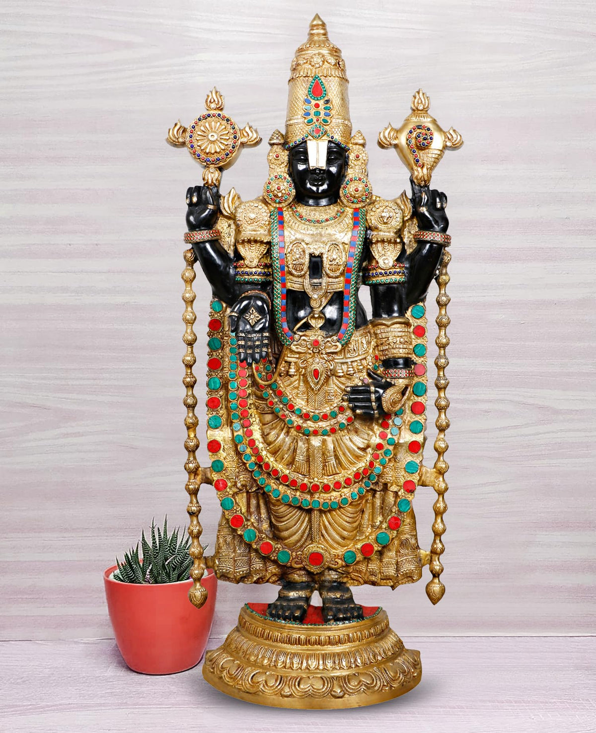 ARTVARKO Big Brass Tirupati Balaji Venkateshwara Idol Vishnu Chakra Namah Shankh Statue Murti Lord Srinivasa Pooja Vastu Religious Idol for Home Office Temple Decor 46 Inch