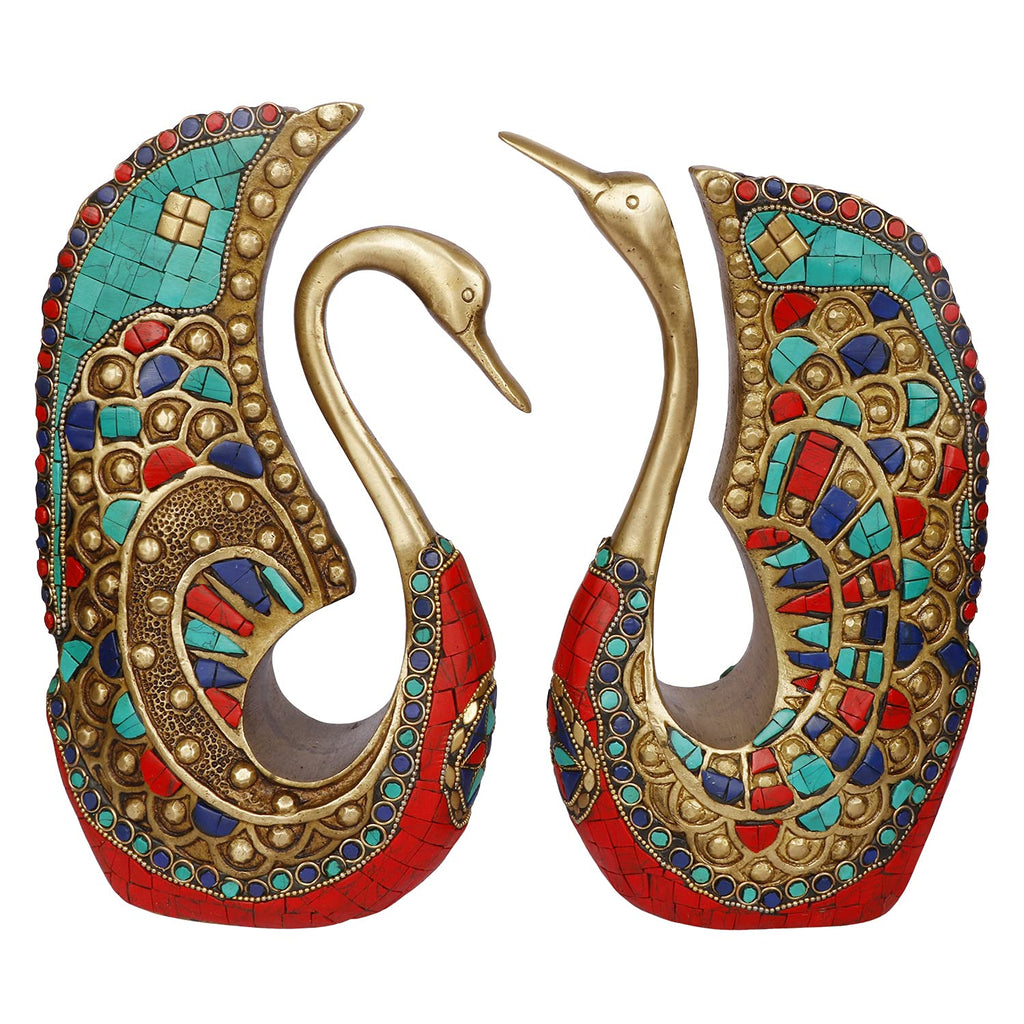 ARTVARKO Brass Swan | Duck Pair Turquoise Statue Vastu Love Couple Decorative Animal Gift Showpiece Height 9.5 Inches