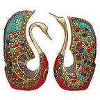 ARTVARKO Brass Swan | Duck Pair Turquoise Statue Vastu Love Couple Decorative Animal Gift Showpiece Height 9.5 Inches