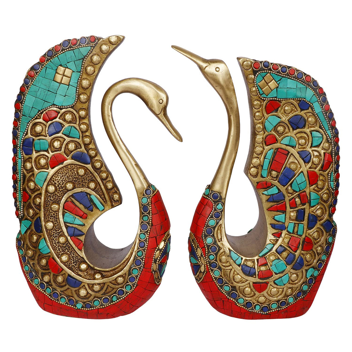 ARTVARKO Brass Swan | Duck Pair Turquoise Statue Vastu Love Couple Decorative Animal Gift Showpiece Height 9.5 Inches