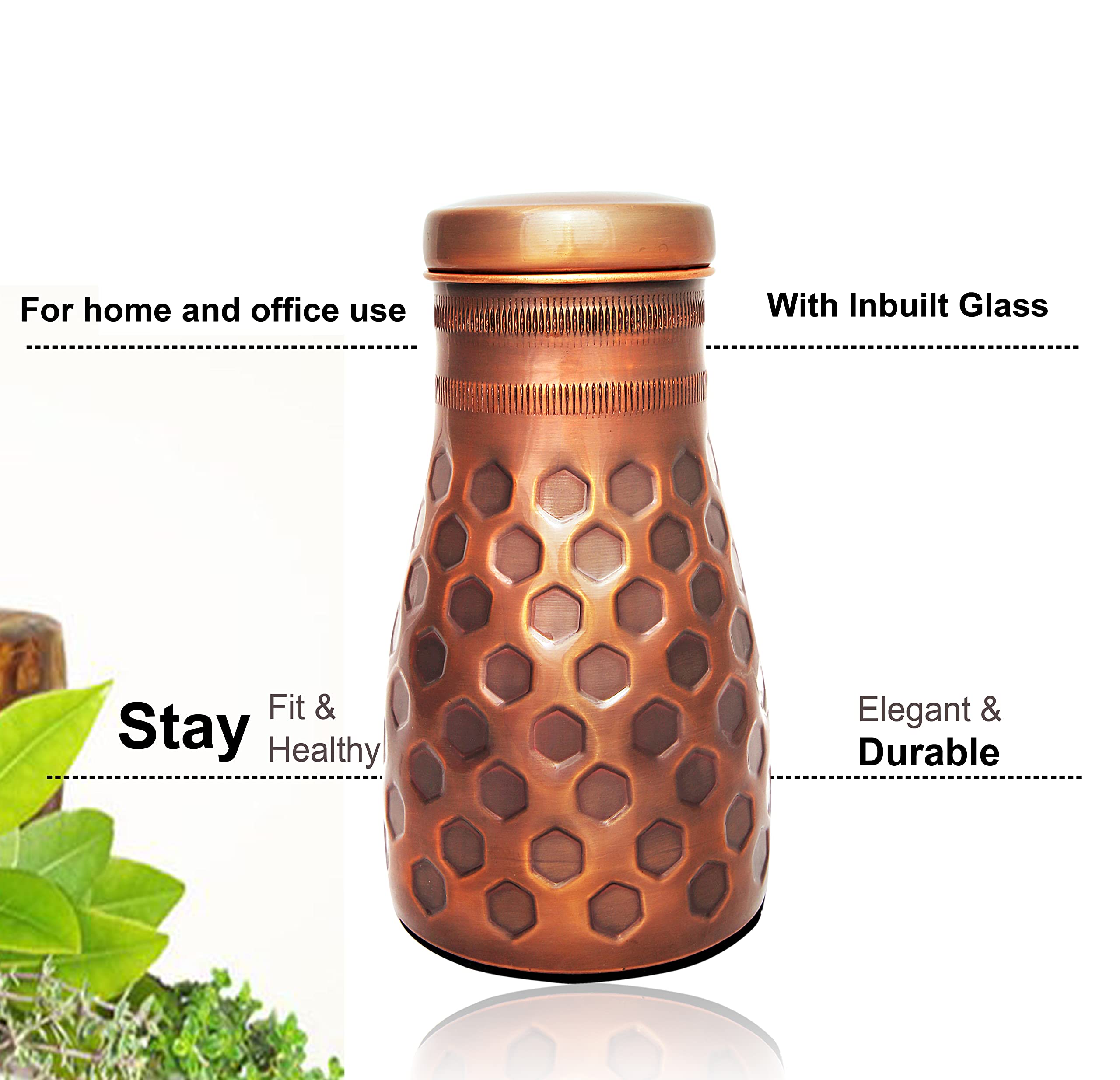 Tambra Copper Bedroom Jar with Inbuilt Glass | Rarity Diamond Design | Handcrafted, Leakproof, Jointless | Ayurvedic Benefits, Antioxidant Properties | 1200 ml (Pack of 2)