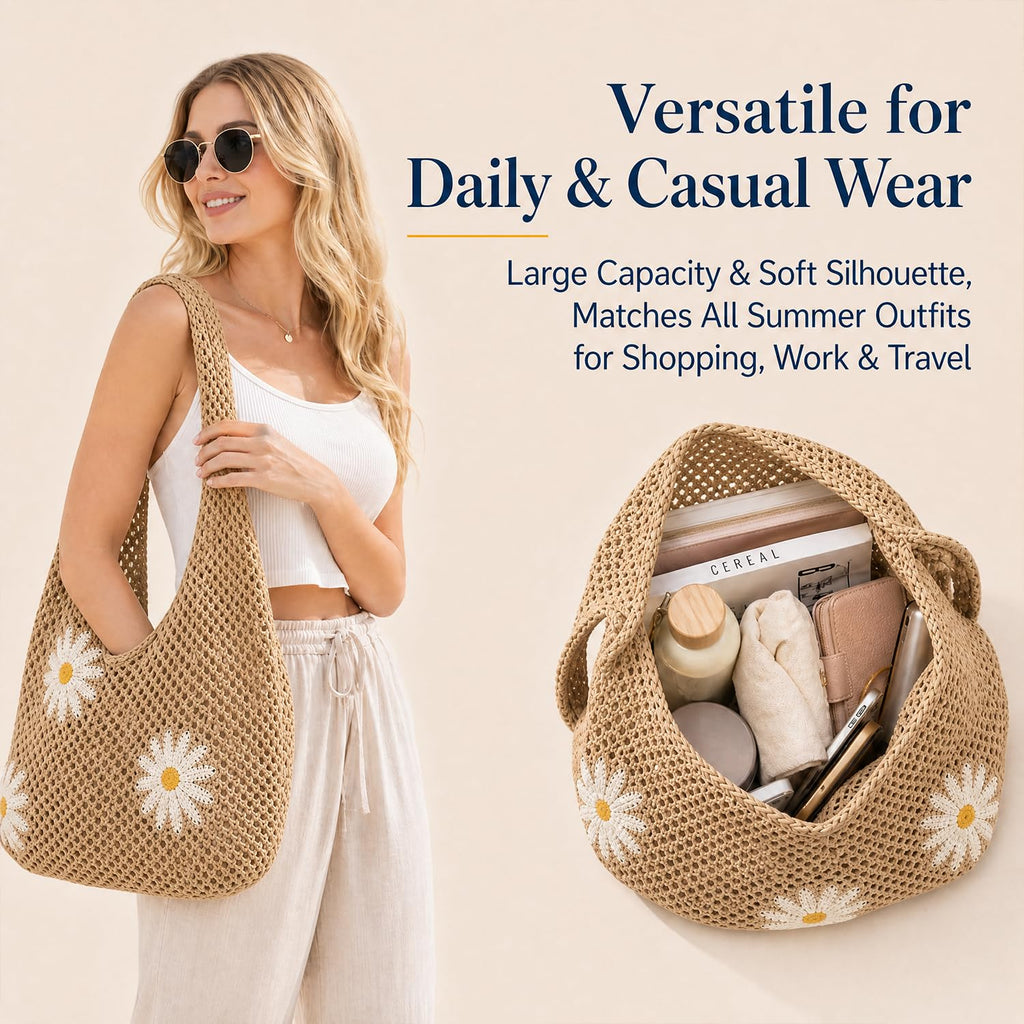 Tote Bag for Women Crochet Mesh Beach Shoulder Bag Khaki Knitted Summer Vacation Handbag with Flower Brooch Large Capacity Lightweight Casual Travel Shopping Shoulder Bag for Women Stylish Design