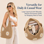 Tote Bag for Women Crochet Mesh Beach Shoulder Bag Khaki Knitted Summer Vacation Handbag with Flower Brooch Large Capacity Lightweight Casual Travel Shopping Shoulder Bag for Women Stylish Design