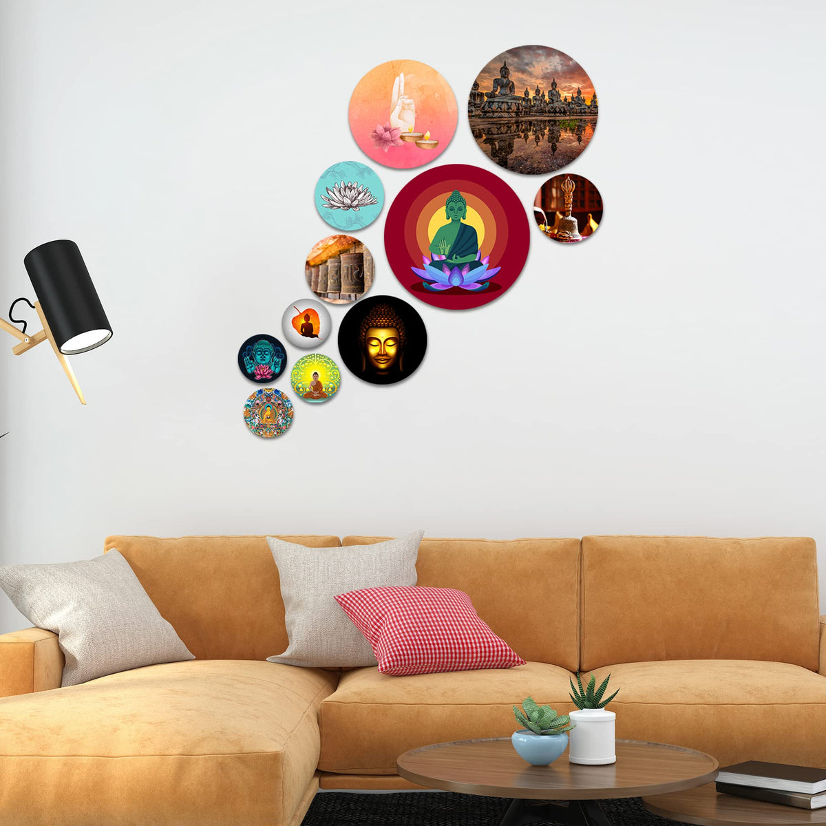Artvibes Spiritual Buddha Meditation Round Shape MDF Wooden Wall Decor Items | Wall Art Painting For Hall | Wall Paintings | Handcrafted Art | Ethnic Wall Decor | Gift Items (WPS_110NN), Set of 11