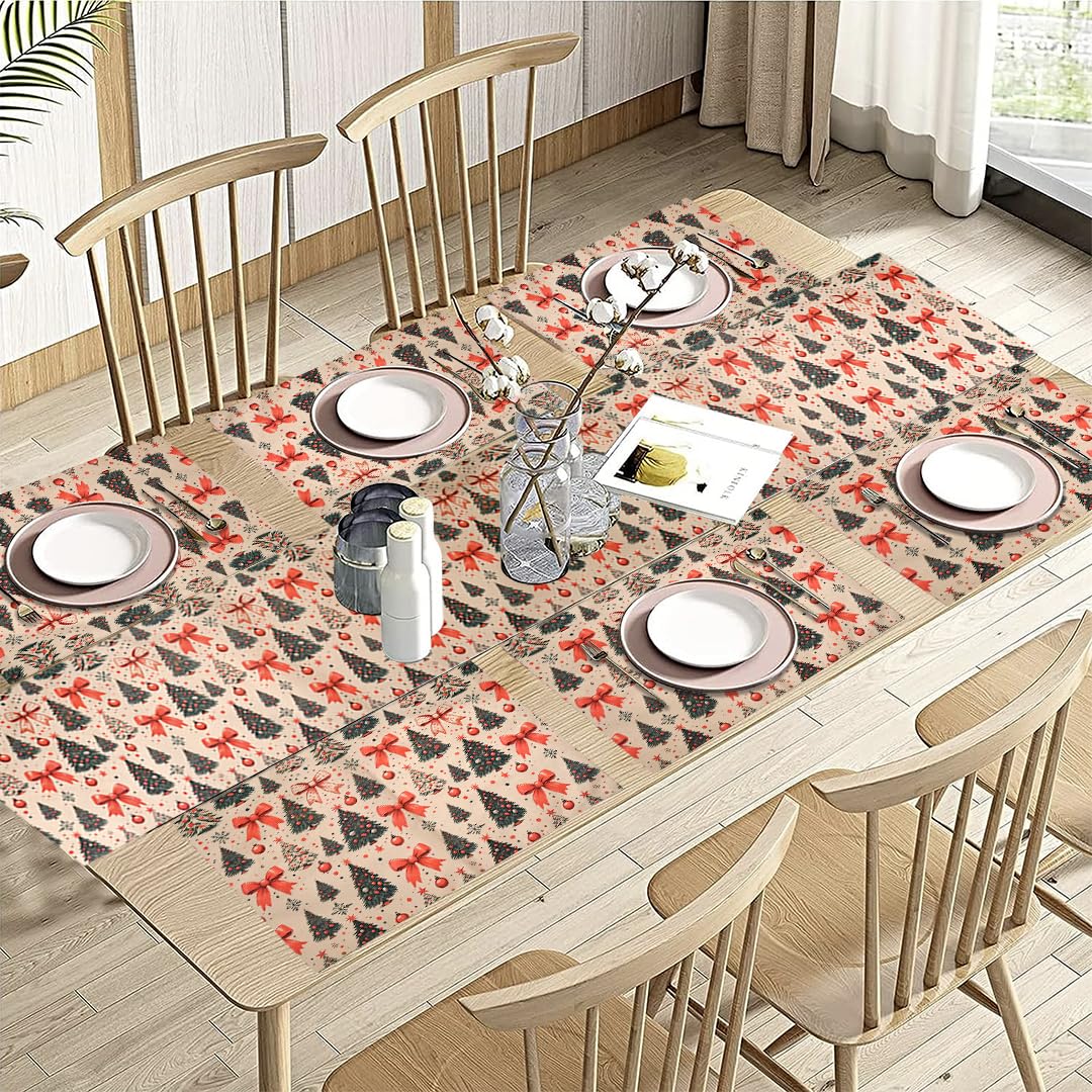 PRAKARTIK BY INDUARTS Dining Table Mats Set of 6 with 135 cm Runner - Christmas Tree Red Bow Theme,Digital Print, Washable, Indoor/Outdoor, Heat-Proof, Wipe & Clean (47X33 cm) Olive & Green Kafalo