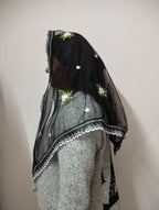 ELITE APRIL Black Triangle Church Scarf(Catholic mantilla) with Embroidered Floral Design, Net Fabric, 240 cm Length, with Wig Clip.