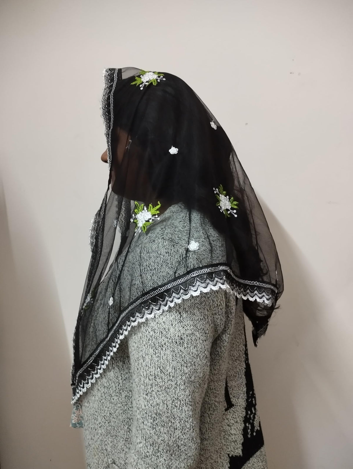 ELITE APRIL Black Triangle Church Scarf(Catholic mantilla) with Embroidered Floral Design, Net Fabric, 240 cm Length, with Wig Clip.