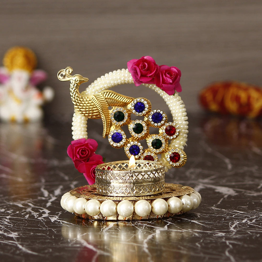 eCraftIndia Metal Peacock Floral Decorative Tea Light Candle Holder for Diwali, Navratri, Ganesh Chaturthi, Christmas, New Year| Tea Light Holders for Home Decor | Diwali Decoration Item