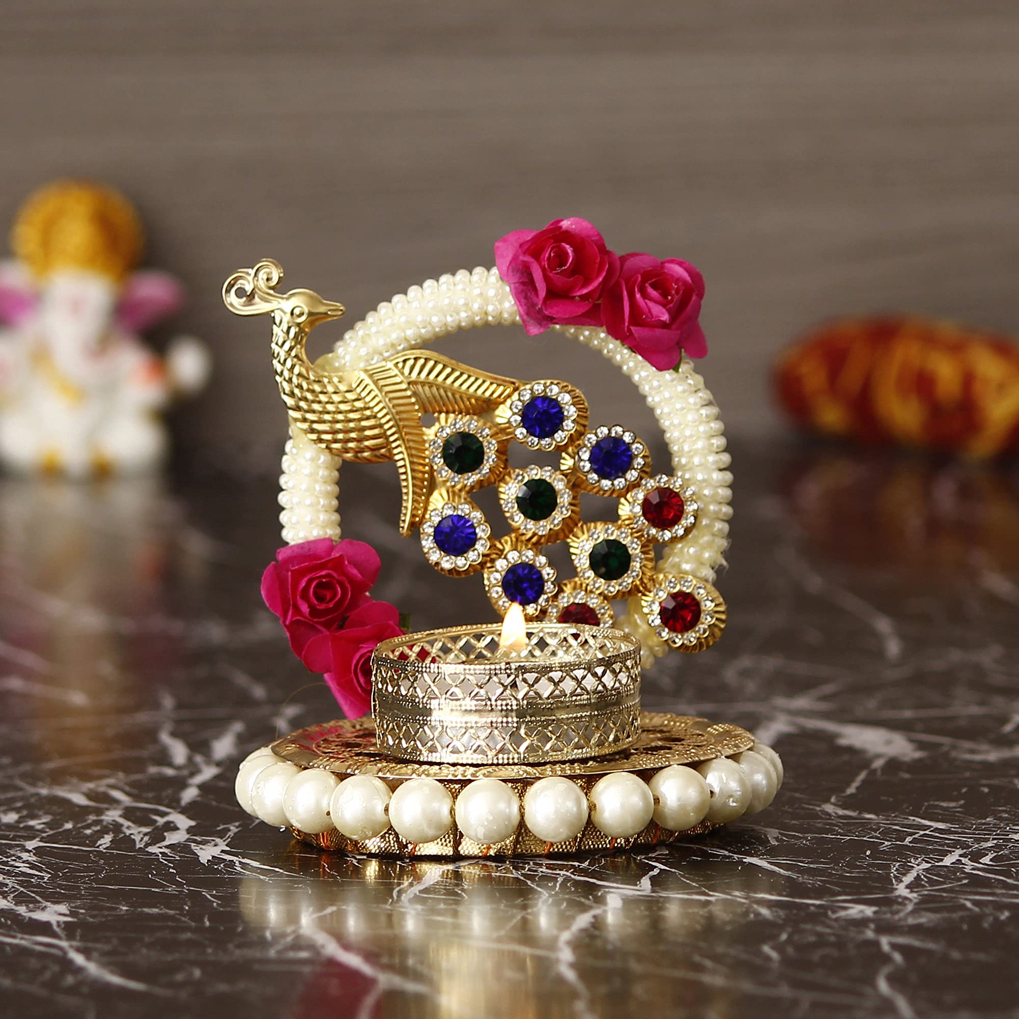 eCraftIndia Metal Peacock Floral Decorative Tea Light Candle Holder for Diwali, Navratri, Ganesh Chaturthi, Christmas, New Year| Tea Light Holders for Home Decor | Diwali Decoration Item