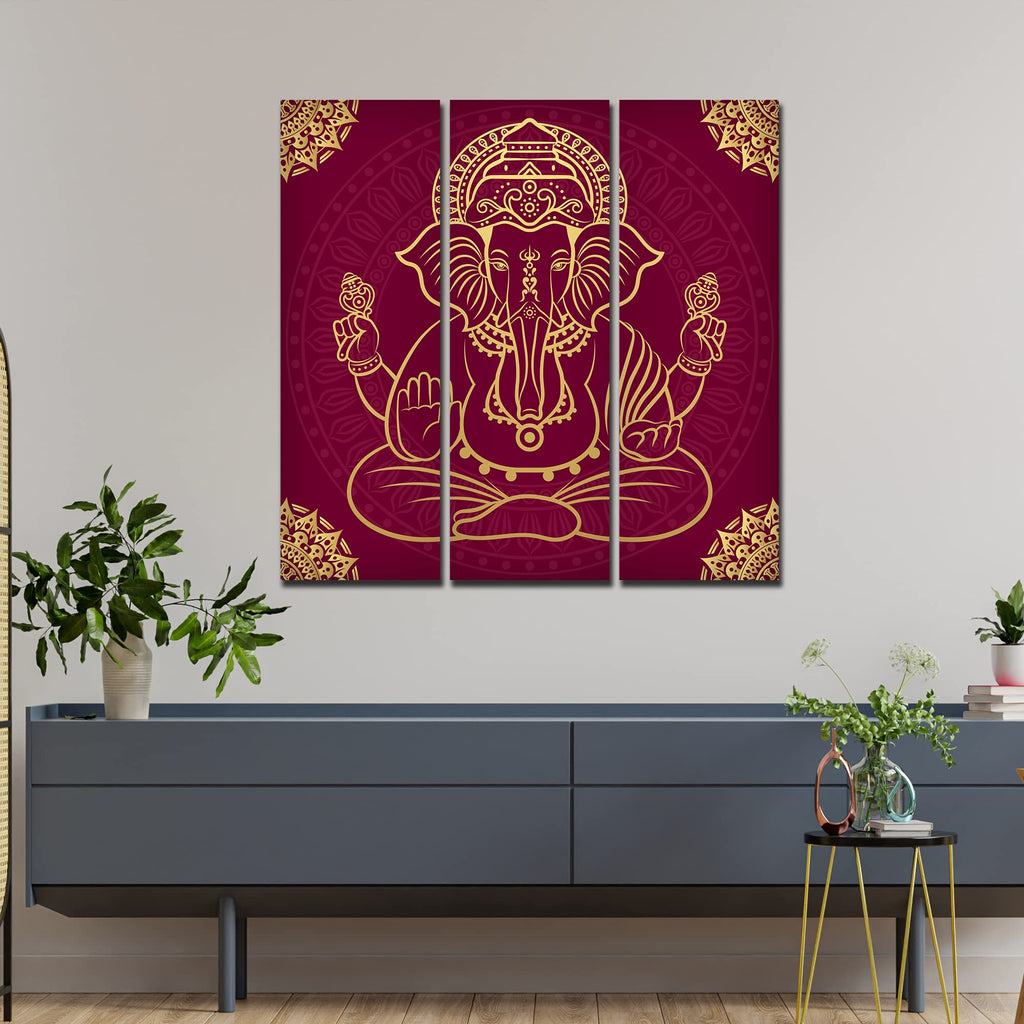 VIBECRAFTS Shree Ganesh Ji 3 Pieces Canvas Wall Painting Fitted With Wooden Frame For Home | Office | Living Room | Gifts (PTVC3Pcs1_9561)