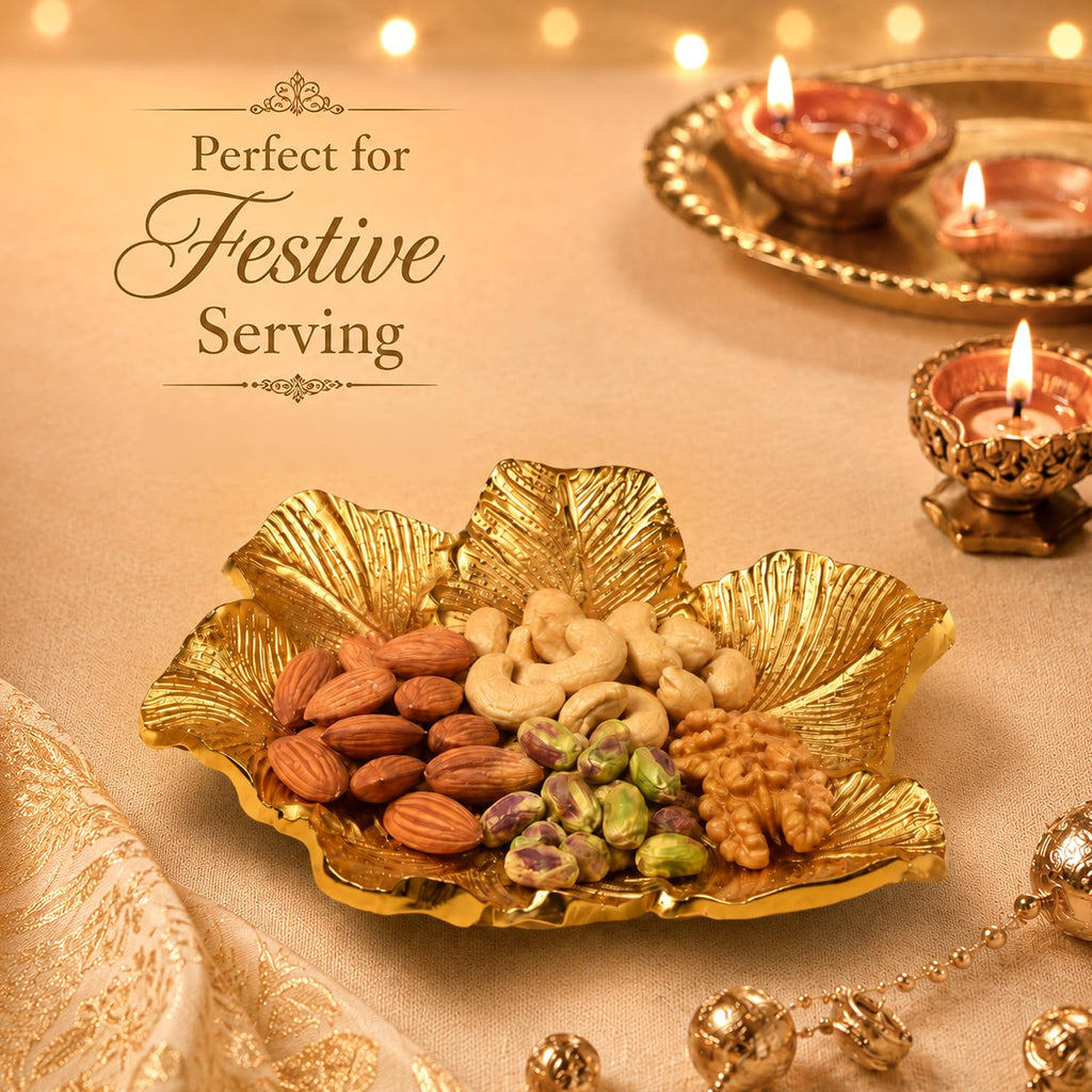 MARKET 99 Glossy Golden Aluminium Decorative Dish | Embossed Accent Platter for Dining Table, Living Room & Center Table | Designer Tray for Festive Gifting, Home Décor & Stylish Display