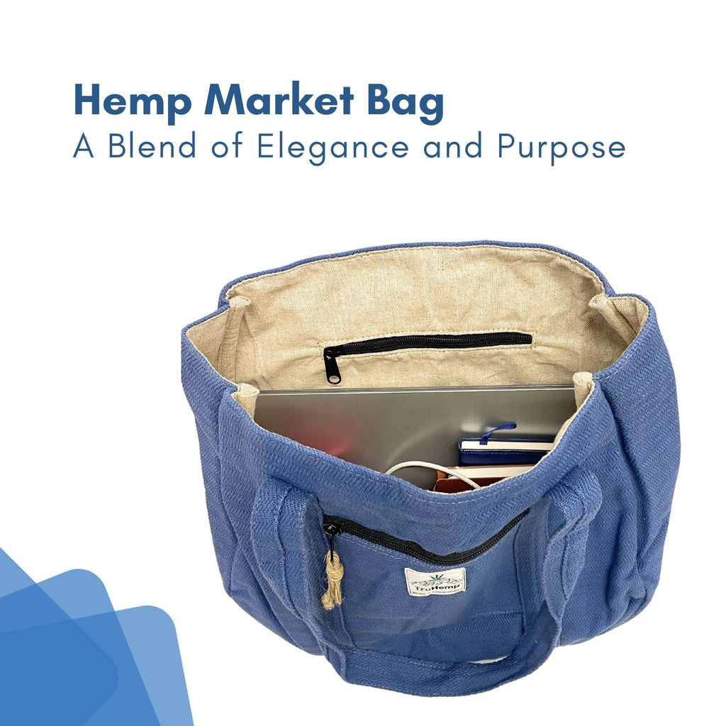 TruHemp Hemp Shopping Tote Bag with Dual Zippered Compartments | Spacious Eco Market Bag with Cotton Lining | 10L Capacity, Blue, 15 inches x 15 inches x 16 inches