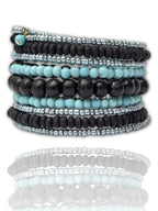 DCA Handmade Turquoise and Black Coil Bracelet, Glass and Wood Beads, Women's Multilayer Wrap Style