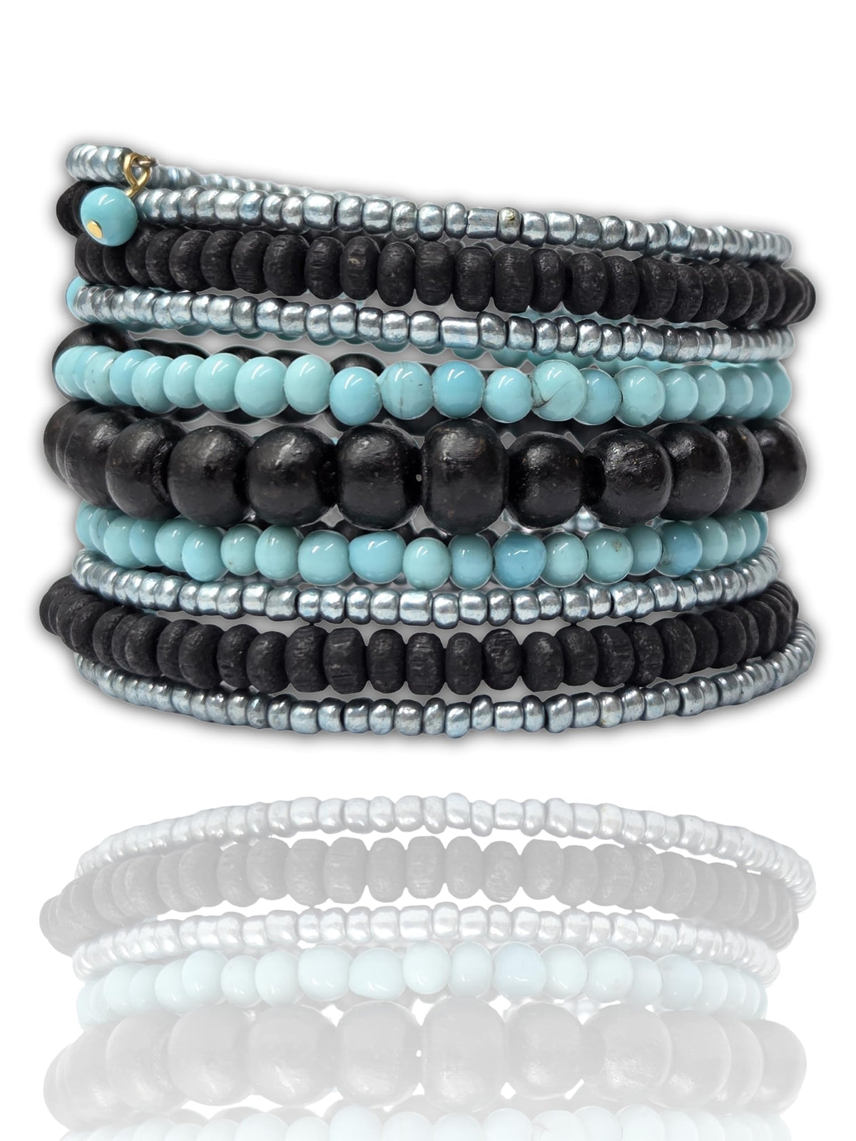DCA Handmade Turquoise and Black Coil Bracelet, Glass and Wood Beads, Women's Multilayer Wrap Style