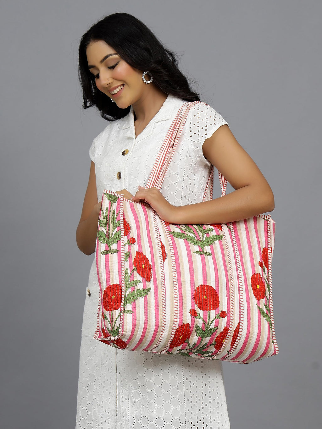 Ravaiyaa - Attitude is everything Women & Man Beautiful Printed Cotton Grocery Shopping Bag | Shoulder Bag | Cotton Tote Bag | Travel Tote Bags 18x5.5x16 Inch (Pink Red Floral Stripes)