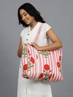 Ravaiyaa - Attitude is everything Women & Man Beautiful Printed Cotton Grocery Shopping Bag | Shoulder Bag | Cotton Tote Bag | Travel Tote Bags 18x5.5x16 Inch (Pink Red Floral Stripes)