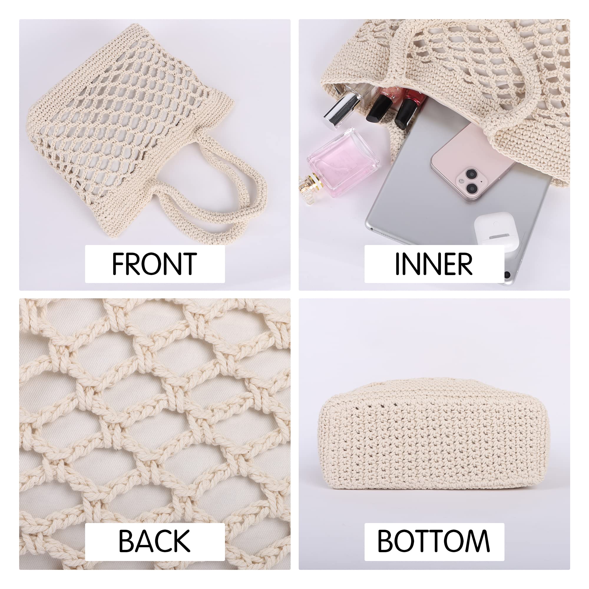 NiCoLa Beach Bag for Women Black Handbag Cotton Tote Bags with Hollow Out Design for Beach Hiking Holiday Travel Outdoor Picnic Daily Use, White, 12.6inch