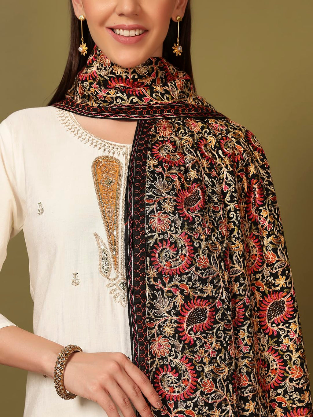Pashmoda Women Ruhani Fine Wool Nalki Embroidered Shawl (Size: 40x80in, 101x203cm) EMS01