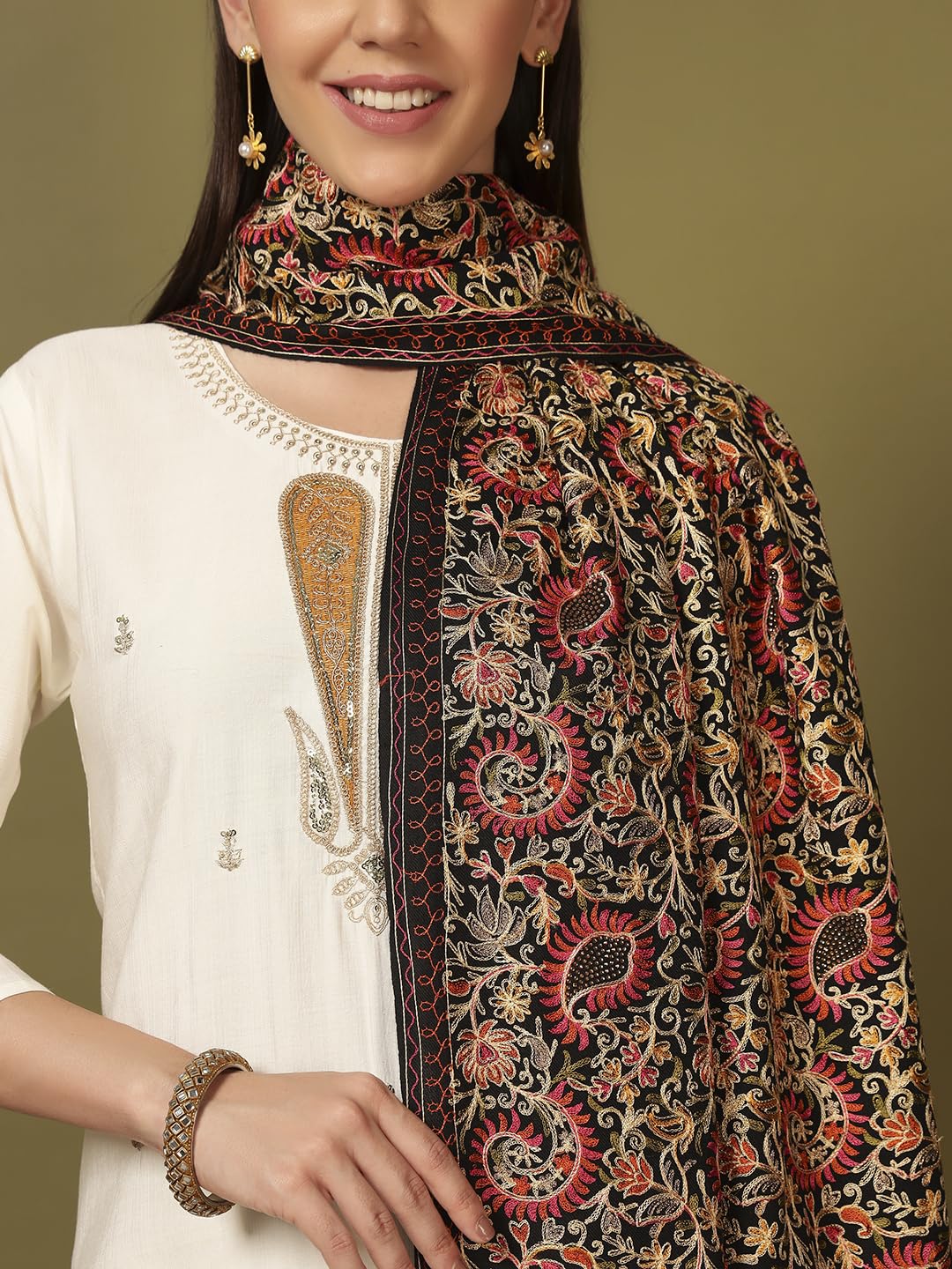 Pashmoda Women Ruhani Fine Wool Nalki Embroidered Shawl (Size: 40x80in, 101x203cm) EMS01