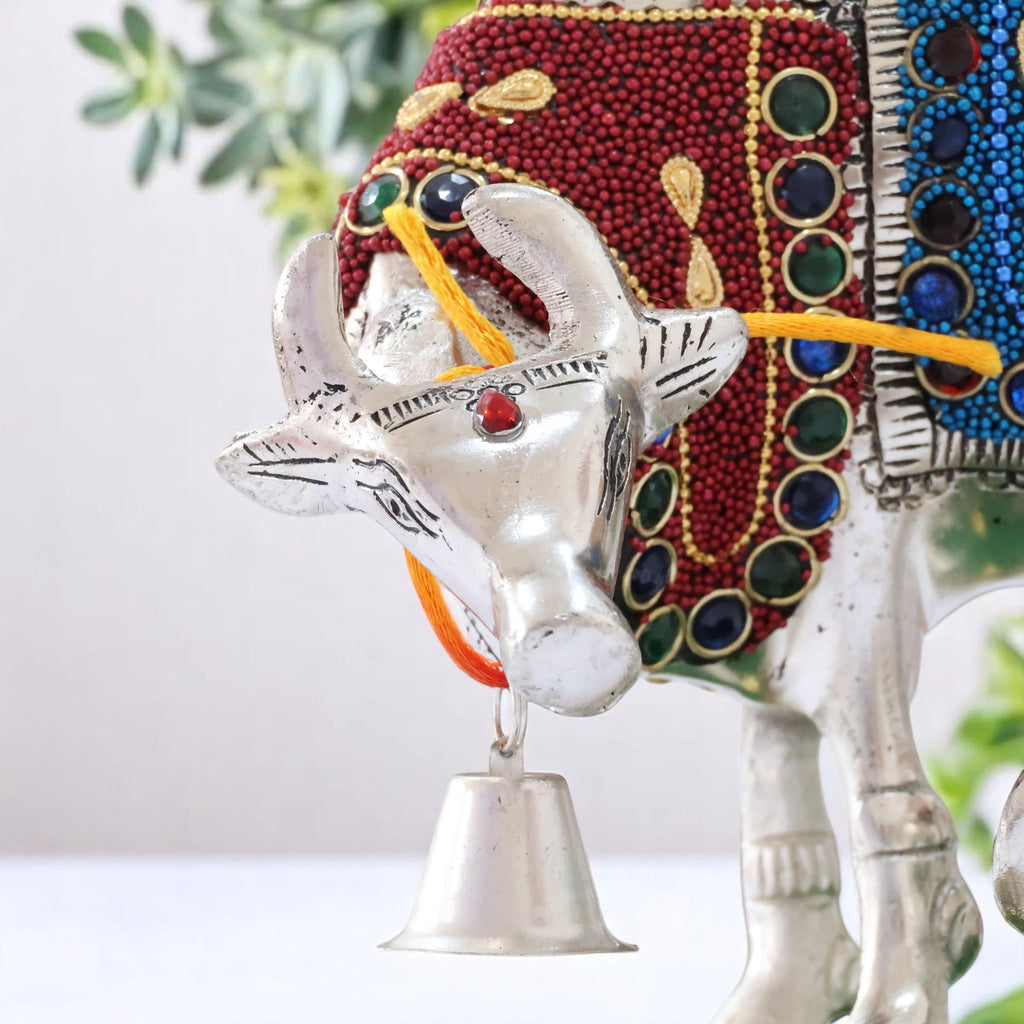 KridayKraft Gold Plated Kamdhenu Cow with Calf Metal Statue for Good Luck Feng Shui & Vastu Showpiece Religious Idol Fingures for Home and Office Table Decor