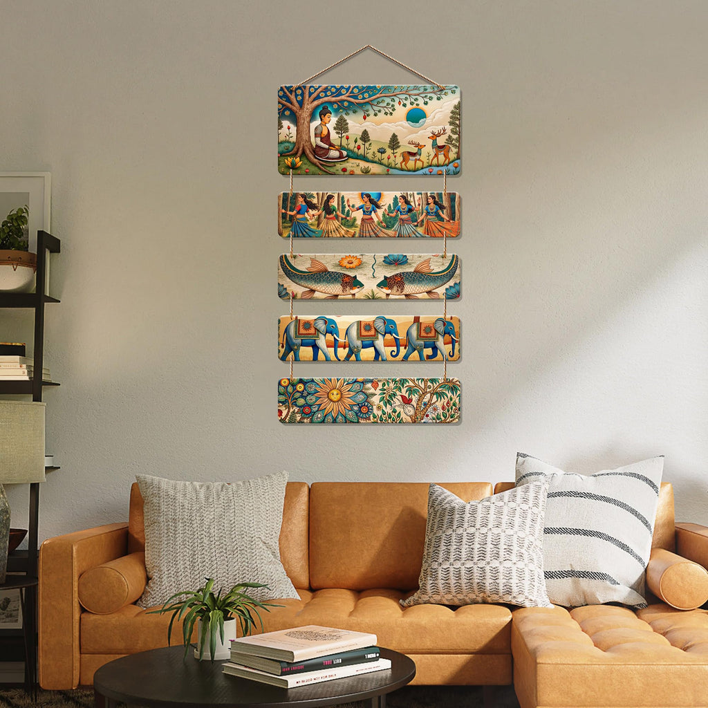 Artvibes Buddha, Elephant & Tribal Dance Wooden Wall Haning for Living Room | Spiritual Decor Items | Wall Art Painting For Hall | Wall Paintings | Handcrafted Art | Wall Poster | Gift Item (WH_6726N)