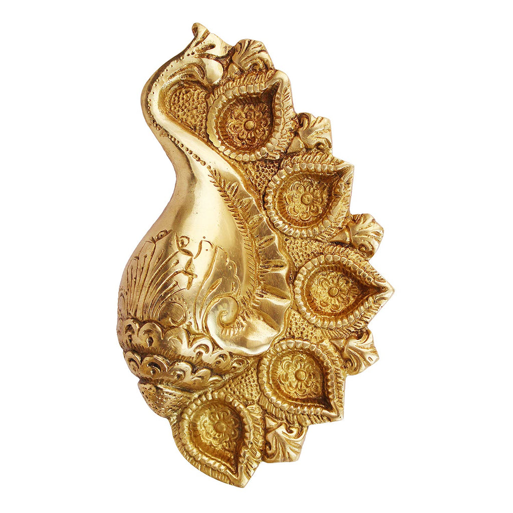 Artvarko Brass Conch Shankh Ganesha 5 Wick Oil Diya Lamp for Home Gallery Entrance Decor Diwali Decorative Table Deepak Deepam Gift Temple Mandir 8 Inches
