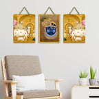 Artvibes Shrinath Ji & Cow Pichwai Art Decorative MDF Wooden Wall Art for Home Temple | Spiritual Decoration Items | Wall Art Print | Paintings For Wall | Unique Gift Items (WH_96180N), Set of 3