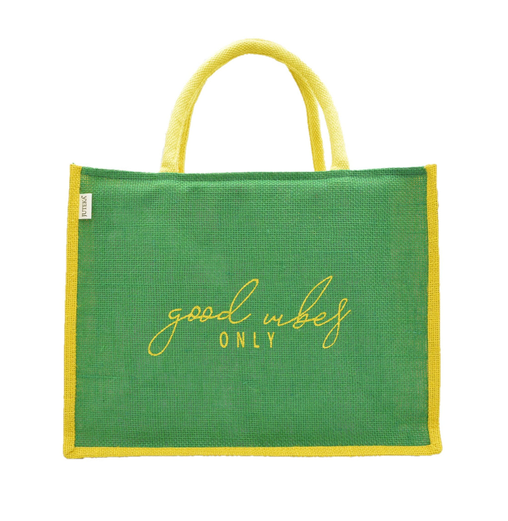 JUTEKA Green and Yellow,quote printed Jute Bag for Lunch, Office, Grocery, Picnic, Tiffin, Shopping Hand Bag with padded cotton handles