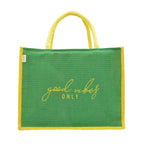 JUTEKA Green and Yellow,quote printed Jute Bag for Lunch, Office, Grocery, Picnic, Tiffin, Shopping Hand Bag with padded cotton handles