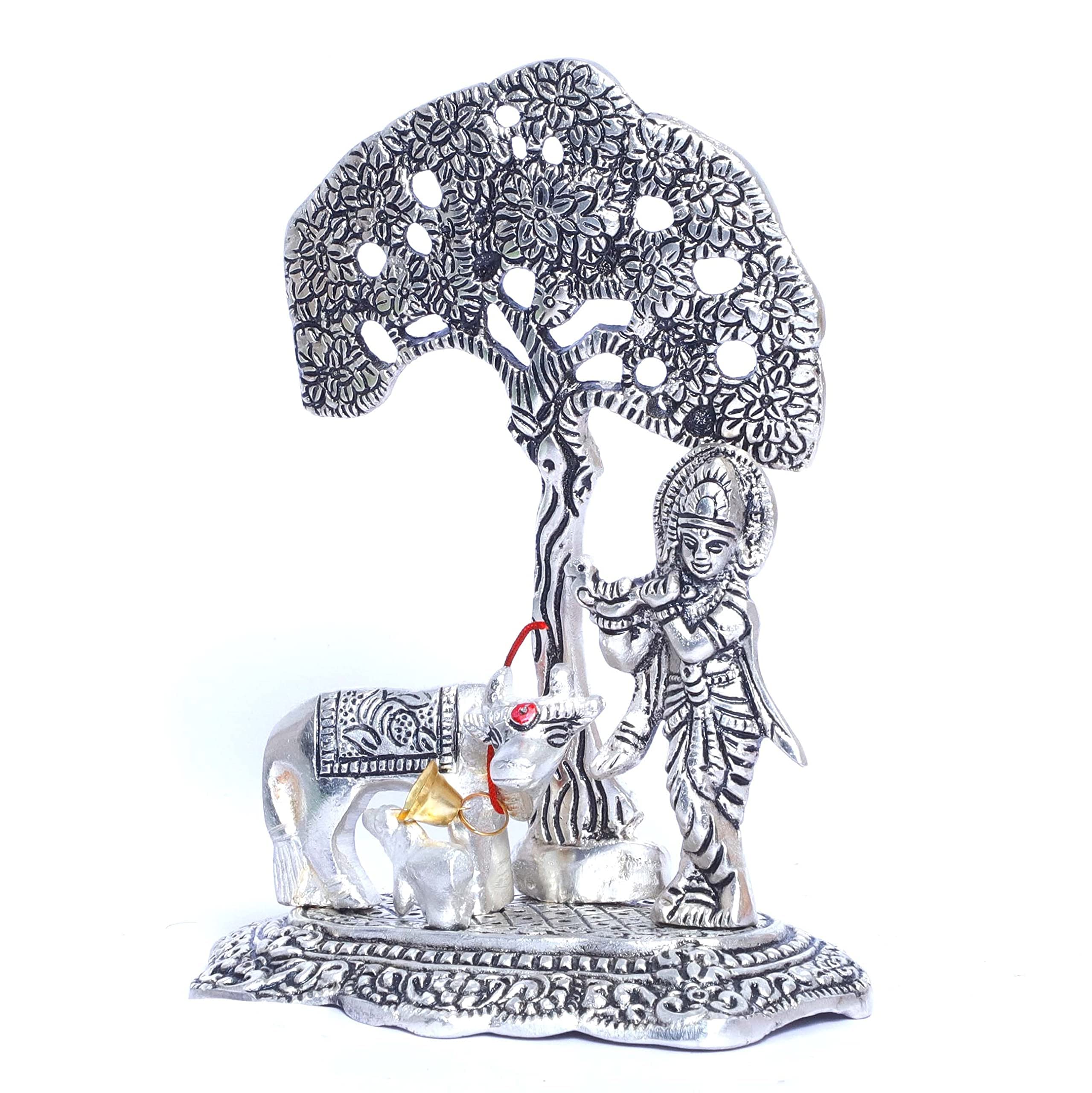KridayKraft Silver Plated Kamdhenu Cow with Krishna Standing Under Tree Plying Flute Metal Statue,Krishna Murti Idol for Pooja & Decor Your Home,Office,Showpiece