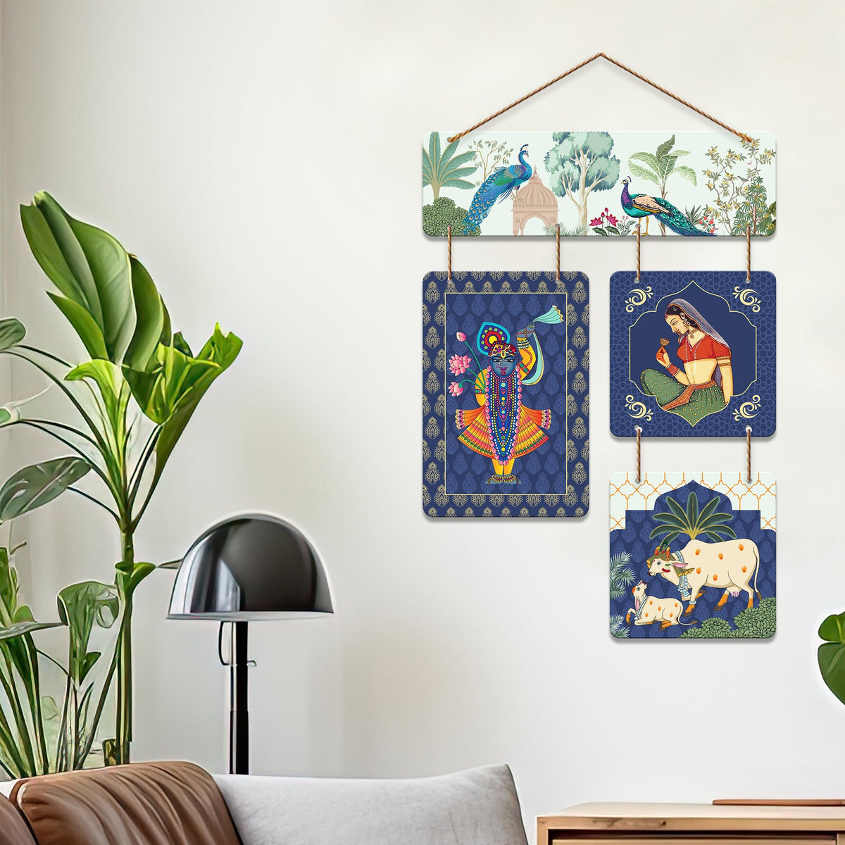 Artvibes Peacock, Woman & Cow Theme Pichwai Art Decorative Wall Art MDF Wooden Wall Hanger for Living Room | Wall Accent | Sceneries | Wall Art Print | Graphic Artwork | Unique Gift Items (WH_6529N)