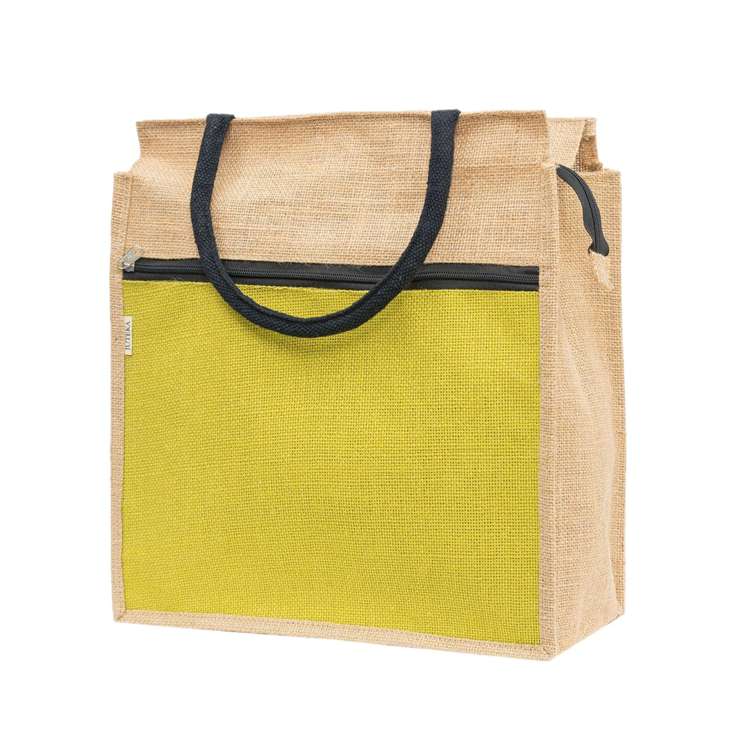 JUTEKA Front Zip Pocket Yellow color Jute Bag for Lunch, Office, Grocery, Picnic, Tiffin, Shopping Hand Bag with padded cotton handles