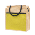 JUTEKA Front Zip Pocket Yellow color Jute Bag for Lunch, Office, Grocery, Picnic, Tiffin, Shopping Hand Bag with padded cotton handles