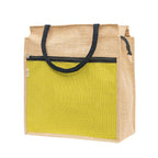 JUTEKA Front Zip Pocket Yellow color Jute Bag for Lunch, Office, Grocery, Picnic, Tiffin, Shopping Hand Bag with padded cotton handles