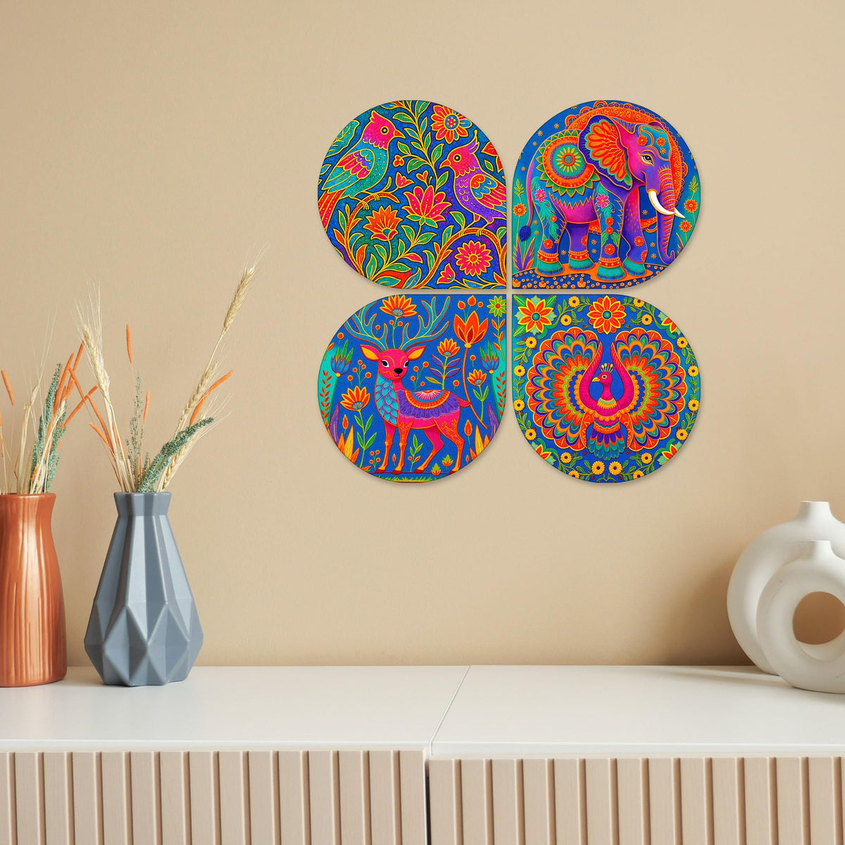 Artvibes Nature & Wildlife Wooden Wall Hanger for Home Decor | Art For Wall | Door Decoration Items | Paintings For Wall | Wall Art Print | Handcrafted Art | Unique Gift Items (WH_8449N), Set of 4