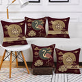 STITCHNEST Satin Cushion Covers Pack of 5 Oriental Flamingo & Lotus Print in Maroon and Gold, 16x16 Inch Decorative Cushion Set for Spiritual and Artistic Living Room Decor